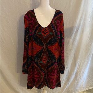 Billabong Aztec bohemian long sleeve tunic top mini dress coverup size large